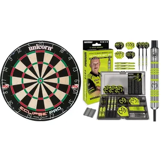Unicorn Eclipse Pro Bristle Dartboard & WINMAU MvG Dart Steeltip Geschenkset - 50-teiliges Dartset mit 4 Sätzen Dartschäften, 4 Sätzen Flüge und Zubehör