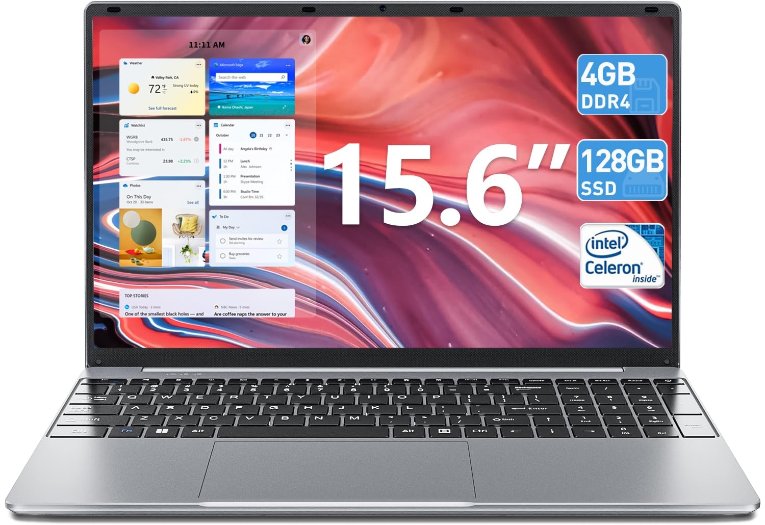 SGIN 15.6 Zoll Laptop Windows 11 Home, 4GB RAM 128GB SSD ROM Laptop, Celeron N4000, 5000 mAh,HD IPS, 2 x USB 3.0