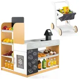 Costway FANTASK Wooden Kinderladen, Kindersupermarkt mit Einkaufswagen, Supermarkt mit Kasse & 2 Tafeln, Einkaufsladen für Kinder ab 3 Jahren