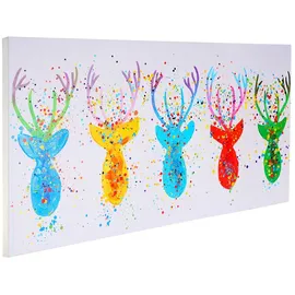 Mendler Ölgemälde Hirsche II, 100% handgemaltes Wandbild Gemälde XL, 140x70cm