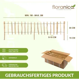 Floranica Staketenzaun aus Haselnuss mit Pfosten 35 cm hoch x lfm Lattenabstand 8-10 Kastanie Gartenzaun Beeteinfassung Steckzaun Rollzaun