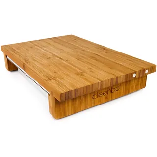 cleenbo® Schneidebrett Classic bamboo GN mit magnetischer Messerhalterung und Edelstahl Auffangschale, Profi Holz Küchenbrett aus geöltem Bambus mit Behälter, Schneidbrett Maße: 43 x 29 x 7,5 cm