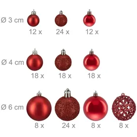 Relaxdays Weihnachtskugeln im 150er Set, glitzernde, matte & glänzende Christbaumkugeln, Kunststoff, ∅ 3, 4 & 6 cm, rot