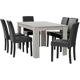 [en.casa] Esstisch Eiche weiß mit 6 Stühlen dunkelgrau Kunstleder gepolstert 140x90 Essgruppe Esszimmer