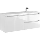 Furni Waschtischunterschrank ETH 120 cm DS P – Weiß Hochglanz – Hängender Badschrank mit Mineralguss-Waschbecken – Frezgriffe – Vormontiert