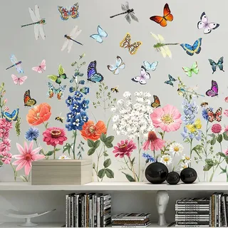 Wandtattoo Garten Blumen Wandaufkleber, Vögel Schmetterlinge Blume Wandsticker, DIY Wandaufkleber, Babyzimmer Kinderzimmer Schlafzimmer Wanddeko (Color)