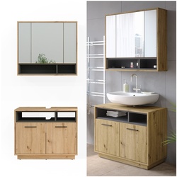 Vicco Badmöbel-Set Badezimmer-Möbel Bad-Schrank Beatrice Eiche Anthrazit modern Badezimmerschrank Waschtischunterschrank Spiegelschrank Schranktür Schrankfach