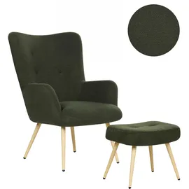 Beliani Ohrensessel VEJLE Bouclé 70 x 100 x 80 cm Dunkelgrün mit Hocker