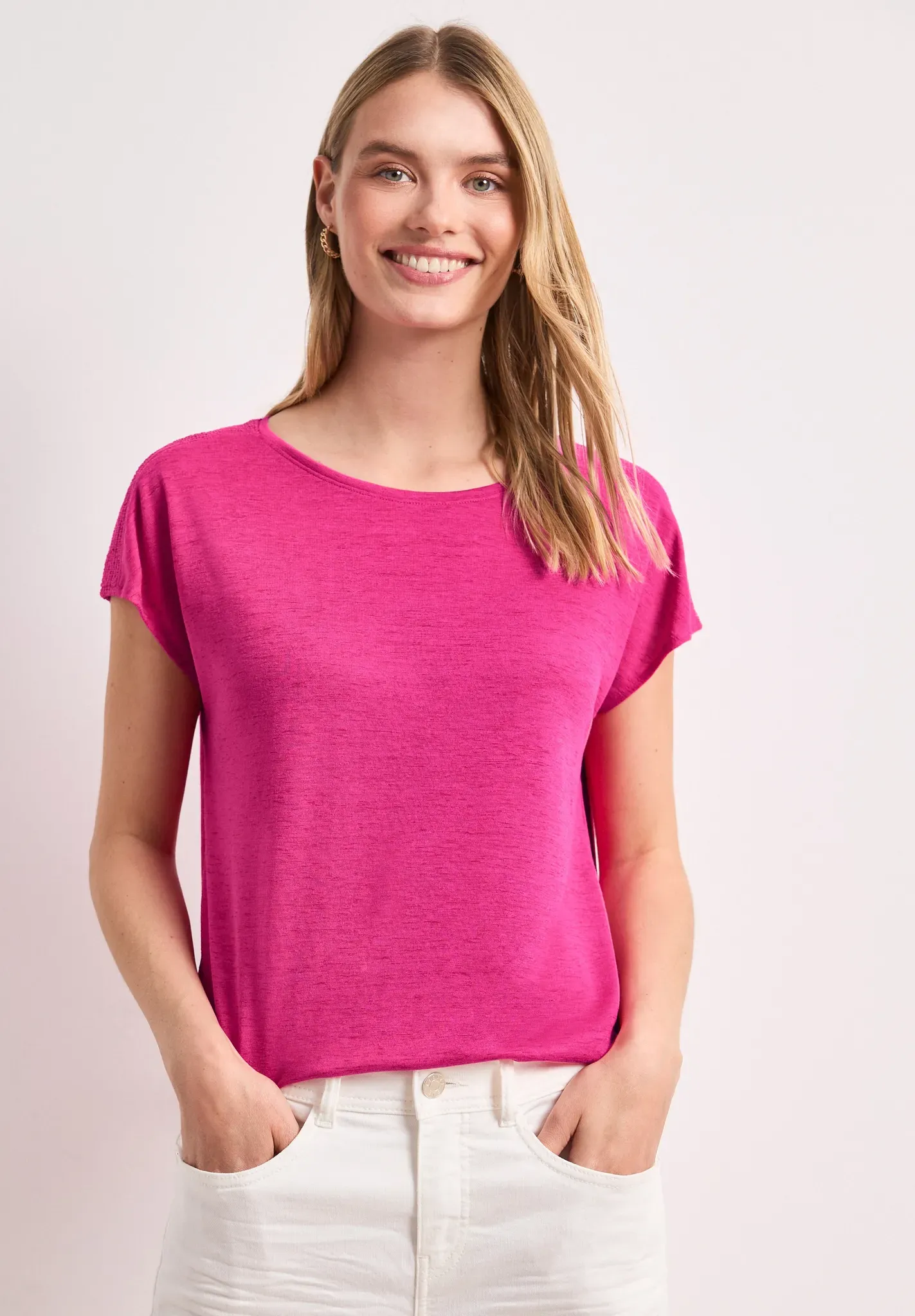 Shirttop STREET ONE, Damen, Gr. 44, magenta dream, Jersey, Obermaterial: 55% Polyester, 45% Viskose, meliert, normal hüftbedeckend, U-Boot-Ausschnitt, Tops Shirttop, Sommershirt mit Boat Neck und Smok-Detail