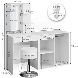 Vicco Schminktisch Isabelle Weiß, 60 cm mit LED, Hocker und Schrank