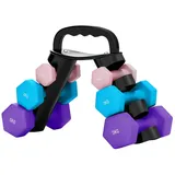 BlingBin Hantel-Set 6 Kurzhanteln mit Klappbarem Hantelständer, Hexagon-Hanteln, (1er Set, 2 x 1kg, 2 x 3kg, 2 x 5kg), 1kg, 3kg, 5kg Hanteln Set Kugelhantel für Fitness, Gymnastik, Zuhause blau|lila|rosa