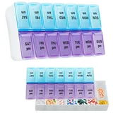 Tablettenbox 7 Tage 2 Fächer Morgens Abends Pillendose Handlicher Wöchentlicher Pillenbox Medikamentendosierer Tablettenbox für Medikamente, Vitamine, Fischöl (Blau und Lila)