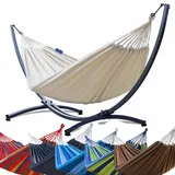 Potenza Outdoor Hängematte mit Gestell für 2 Personen I Baumwolle Doppelhängematte XXL 220x160, 200kg I Hängemattengestell 220kg, wetterfest (Ecru, Basic Gestell Graphit)