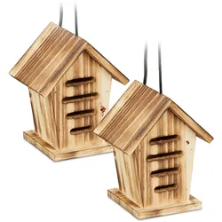 Relaxdays Marienkäferhaus 2x, Marienkäferhotel Garten, zum Aufhängen, Holz unbehandelt, Insektenhotel Marienkäfer, braun