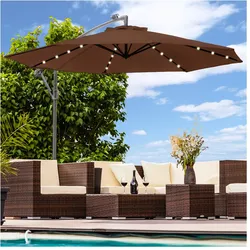 Luxus Sonnenschirm mit LED Beleuchtung Ampelschirm 350cm Solar Garten Schirm Pavillon in Braun