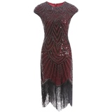 MIMIKRY 20er Jahre Charleston Pailletten Kleid Rot/Schwarz mit Fransen Flapper Damen-Kostüm, Größe:XL - XL