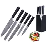 Wakoli Magnet-Messerblock Culinary Noir 6-teiliges Set I 5 Damast Küchenmesser und Einsteckblock