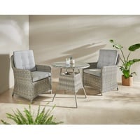 Konifera Garten-Essgruppe »Venedig«, (Set, 3 tlg., 2x Sessel, 1x Tisch Ø 70 cm, inkl. Auflagen, Polyrattan, Aluminium), Hellgrau, Tischplatte aus 5 mm starkem Sicherheitsglas, grau