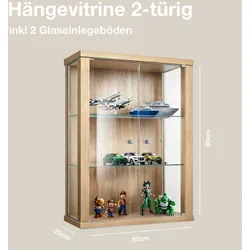 K-Möbel Hängevitrine Glas in Buche (80x60x25 cm) mit 2 höhenverstellbaren Glasböden - Modellauto Vitrine Buche - Vitrinenschrank Buche