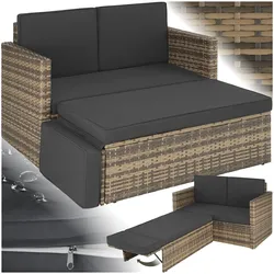 tectake® Rattan Lounge, 2-Sitzer, UV-beständig, Hocker mit klappbarer Stütze