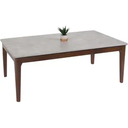 Couchtisch HWC-M55, Beistelltisch Sofatisch Massiv-Holz HDF Laminat Melamin 46x120x70cm Beton-Optik braune Beine