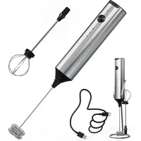 Milchaufschäumer-Stick, wiederaufladbar, mit 3 Geschwindigkeiten und Ständer, elektrischer Milchaufschäumer mit 2 Schneebesen aus Edelstahl für