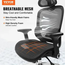Vevor Bürostuhl Ergonomisch, Schreibtischstuhl mit Verstellbarer Kopfstütze 80 mm, mit Armlehnen Lendenwirbelstütze, Drehstuhl Wippfunktion, Chefsessel aus Mesh, Rückenschonend, Bürostuhl 130 kg
