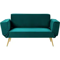 Beliani Schlafsofa Smaragdgrün 2-Sitzer Verstellbare Armlehnen Goldene Beine für Wohnzimmer Gästezimmer Gästebett