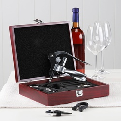 Sommelier Set Wein Weinset Zubehör Weinzubehör Geschenkset, 10-Teilig Holzbox Korkenzieher Eingießhilfe Kragen Flaschenverschluss Weinthermometer, L 27 cm
