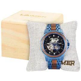 Laimer Herren Holzuhr Anton Automatik Nussholz-Armband 43 mm 0185 - Blau
