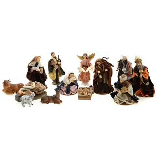 Unbekannt Krippenfiguren Set 13tlg mit Kleidern, Heilige Familie, Heilige 3 Könige, Engel & Hirten H.: 17cm Weihnachtskrippe Figuren Krippenzubehör Weihnachtsdeko