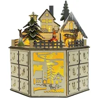 Holz-Musik-Adventskalender mit LED, Häuschen, Rentier und Weihnachtsbaum ,24 Schubladen, rundes Dorfdessin, ideal als Tischdekoration zu Weihnachten
