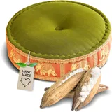 livasia Meditationskissen mit Thaiseide - Ø 45x15cm - Yogakissen mit Kapok, Pouf, Bodenkissen für Yoga und Zen Meditation, Sitzkissen für Garten und Balkon, Zafukissen (Grün/Orange/Elefanten Seide)