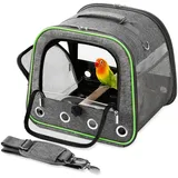Transportbehälter für Vögel, Vogelkäfig mit Holzstab & Tablett, tragbarer transparenter Reisekäfig für Sittiche/Wellensittiche, Grau, Großgröße, 32×29,5×28 cm
