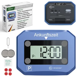 fouraces elektronische Parkscheibe - Zulassung des Kraftfahrtbundesamtes - mit Ersatz Batterie, automatisch Sommer/Winterzeit, automatische elektrische Parkuhr fürs Auto, blau, Digitale Park Uhr