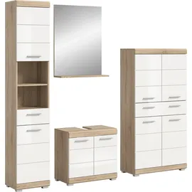 WELLTIME Badmöbel-Set "Siena, 4 teilig, bestehend aus:", weiß (eiche sonoma hell nb, weiß hochglanz mdf tz), B:186cm H:191cm T:34cm, Holzwerkstoff, MDF, Kastenmöbel-Sets, Badmöbel-Set, Hochschrank, Waschbeckenunterschrank, Badspiegel, Midischrank