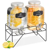 Relaxdays Getränkespender mit Ständer, 2 Limobehälter je 4L, Zapfhahn aus Kunststoff, Glas Wasserspender, transparent