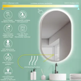 Hoko LED Ovalspiegel mit Metallrahmen 50x90 cm / Kaltweiß Badezimmer & Flur Touch-Sensor & Memory-Funktion - Weiß.