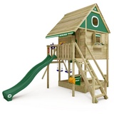Wickey Stelzenhaus Smart RiverHouse mit Schaukel & Rutsche,integriertem Sandkasten und großem Spielhaus mit massiver Treppe mit Handlauf, Fenstern, Rollos und Blumenkasten - grün - Grün