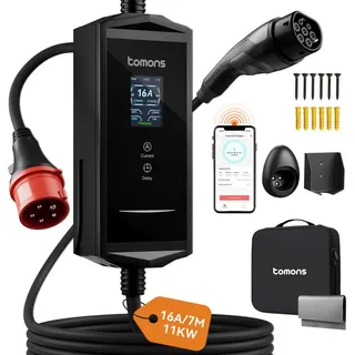 Tomons Mobile Wallbox 11kw mit APP,Typ 2 Ladekabel 7M,3-Phasen 6-16A Autoladekabel, 2,4" LCD-Anzeige IP65,Einstellbarer Ladeleistung&startzeit schwarz
