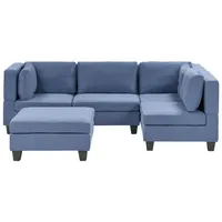 BELIANI 4-Sitzer Ecksofa Linksseitig Blau Stoffbezug mit Ottomane Kissen Schwarze Beine Modular Modern Modulsofa Wohnlandschaft Wohnzimmer - Blau/Schwarz