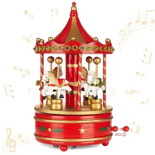 Brubaker Spieluhr aus Holz - Melodie: Jingle Bells - Nostalgie Karussell mit Pferden - 24 cm Spieldose Dekoration für Weihnachten - Weihnachtsdeko Musik Box - Rot Gold