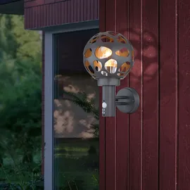 GLOBO LED Aussenlampe mit Bewegungsmelder anthrazit Wandlampe mit Bewegungsmelder Außen Wandleuchte Kugel, im Loch-Design, 1x Filament LED warmweiß Edelstahl ALU, H 32,7 cm