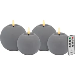 Candela Lights LED Kerzen 4er Set Kugelkerze grau rustic Echtwachs mit Fernbedienung Timer Funktion & mehrstufig dimmbar flammenlos Echtwachskerzen