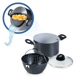 Genius Cerafit Magic Pot Kochtopf-Set 20cm - Topf 3,7l mit Siebeinsatz & Glas-Deckel für einfaches Kochen, Drehen, Dünsten & Servieren der Pasta | Nudeltopf für alle Herdarten, A24661, Schwarz