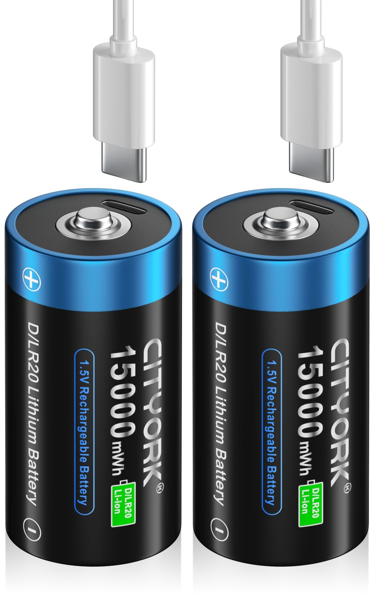 CITYORK USB wiederaufladbare D-Batterie 1,5 V 15000 mWh (2 Stück) – Konstante Spannung – ideal for Toys, Torches, CD Players and Other Battery-Powered Devices