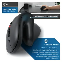 CSL - Bluetooth Maus Vertikal Wireless - kabellose Vertikalmaus - ergonomisches Design - Vorbeugung gegen Mausarm - besonders armschonend - für PC