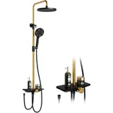 RBFGYIOP Regendusche Ohne Armatur Mit Ablage, Duschsystem Mit Verstellbarer Duschsäule Aus Edelstahl, Überkopfbrause 25cm Rund, Handbrause 3 Strahlarten, Wasserfall Auslauf, Dusch Set Schwarz Gold