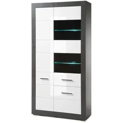 Furn.Design Vitrine in weiß Hochglanz und grau Stone Wohn- und Esszimmer Vitrinenschrank 100 x 198 cm Briard