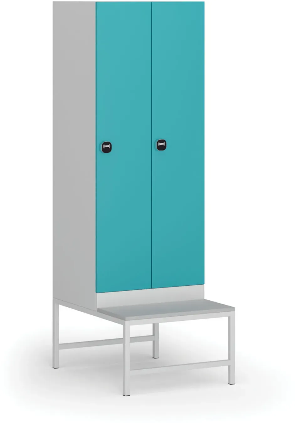 Metallspind S1 mit SItzbank, 2 Abteile, 1875 x 600 x 500/800 mm, RFID-Schloss, grüne Tür